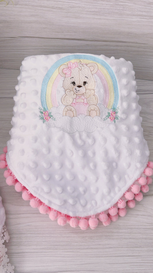 Blanket Embroidered Mink Dot white Teddy Bear Rainbow 74cmx84cm