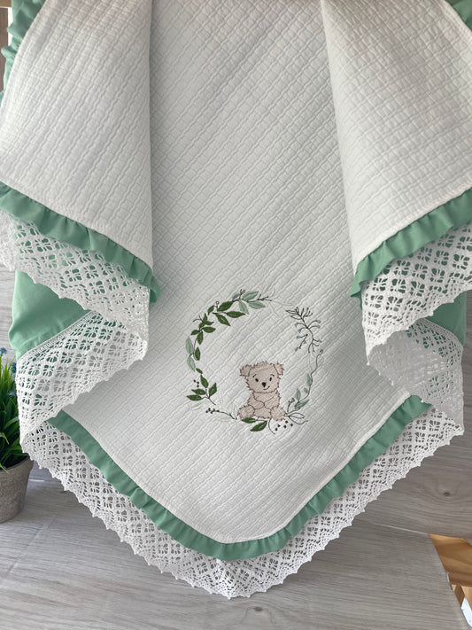 Blanket Waffle Fabric - Embroidered Teddy Bear And  Leaves
