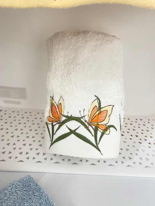 Embroidered Hand Towel Butterfly White/Yellow
