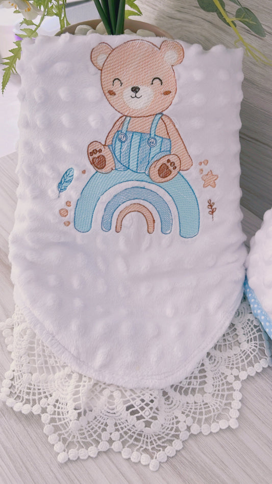 Blanket Embroidered Mink Dot white Blue Rainbow Teddy Bear 77cmx83cm