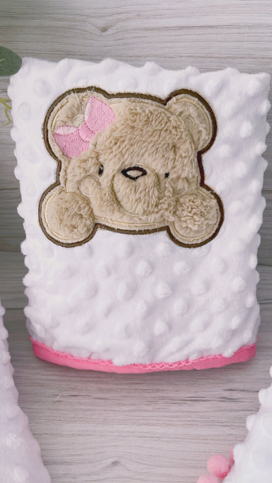 Blanket Embroidered Mink Dot white Teddy Bear Aplique  70cmx77cm
