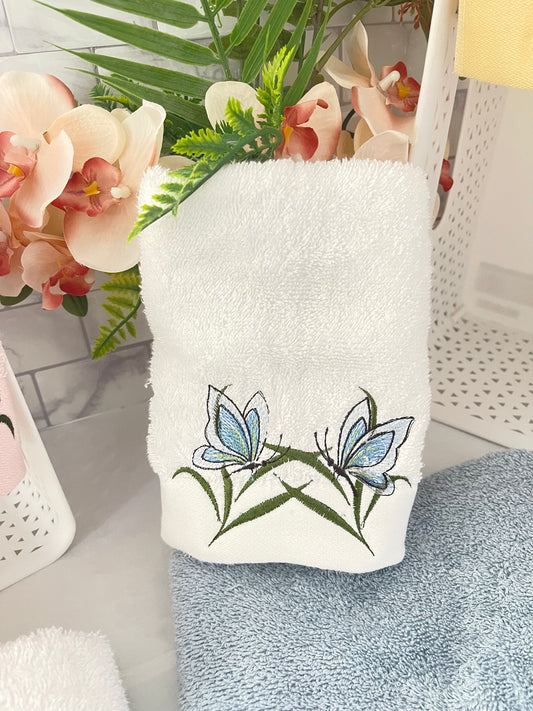 Embroidered Hand Towel Butterfly White/Blue