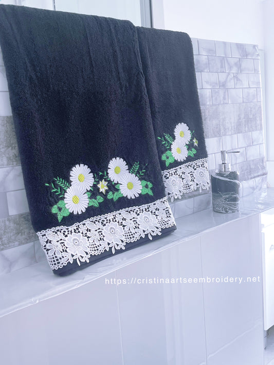 Bath Towel  Black Daisy Embroidery  - SET 2 pc