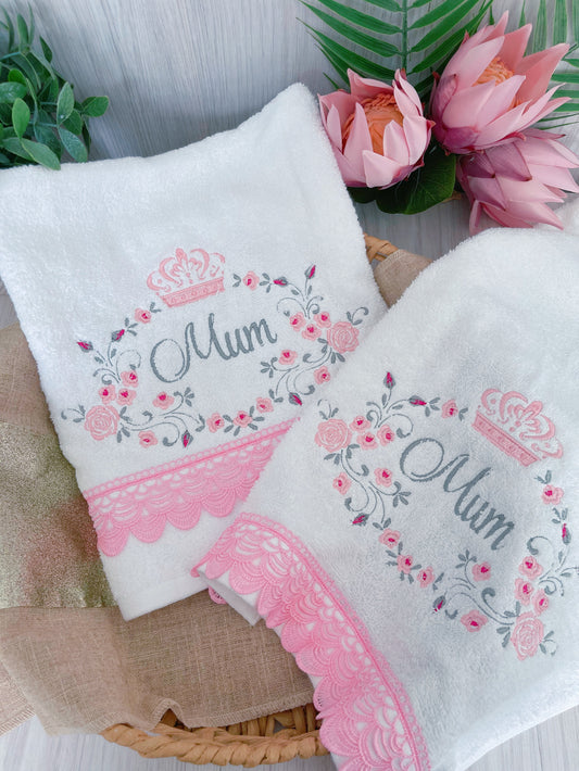 Hand Towel - Embroidered Mother's Day Crown and Flowers - Mum