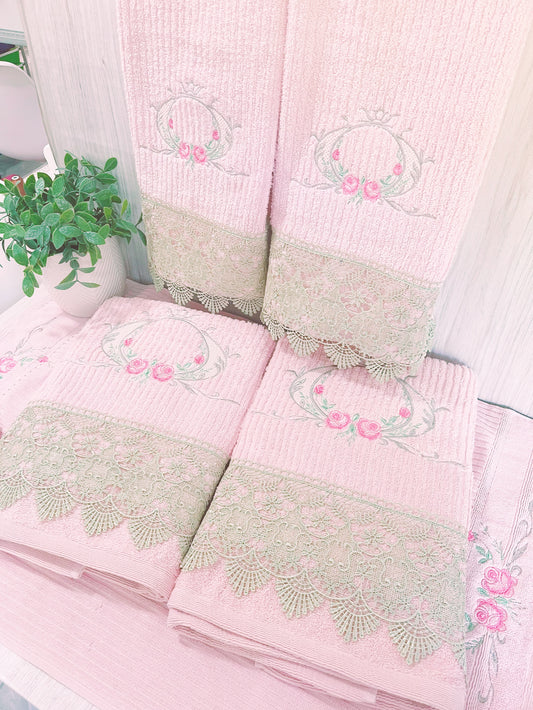 Bath Towels Pink Roses Embroidery Set pcs